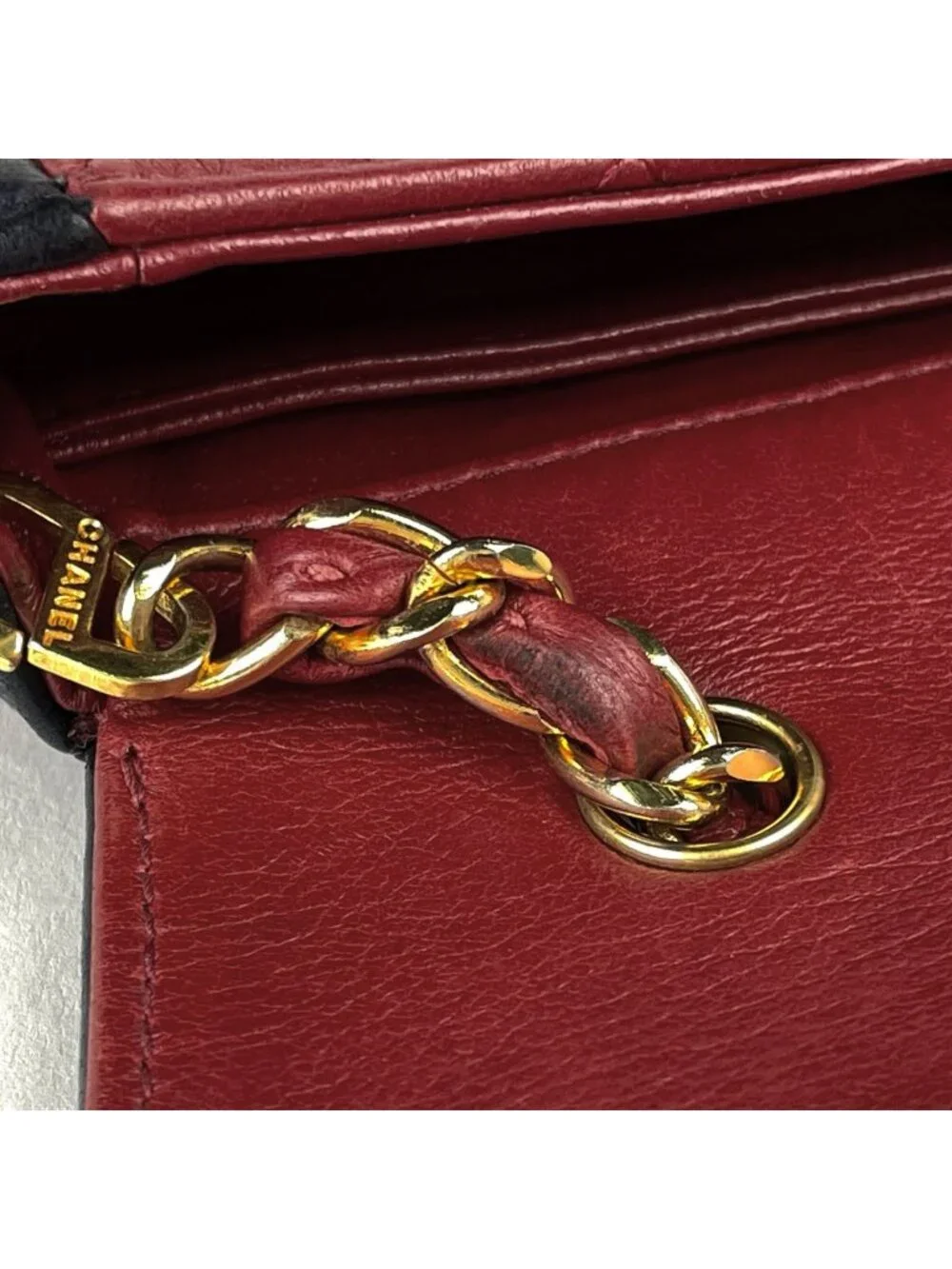 Chanel CC Logo Chain Shoulder Bag Bicolor Leather Red Black